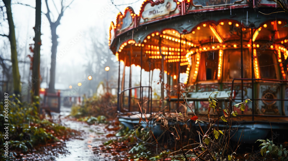 An image of an old, fog-engulfed carousel in a misty park with fallen autumn leaves, evoking a sense of nostalgia and abandonment.