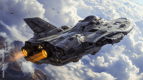 Fototapeta Naklejka Na Ścianę i Meble -  A futuristic spaceship soars high above the clouds, capturing the essence of space travel and science fiction adventure.
