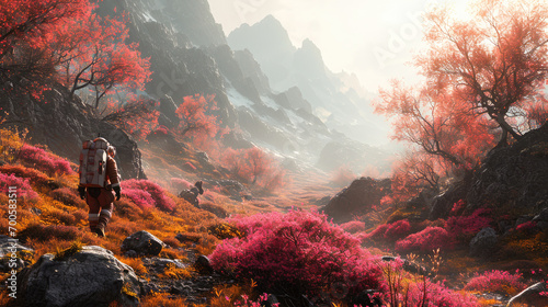 A hiker with a backpack walking through a stunning mountain landscape with vibrant pink foliage under a warm sunrise. © apratim