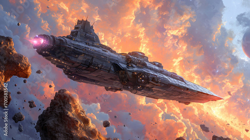 Print op canvas Futuristic spaceship flying among asteroids with a vibrant orange galaxy sky in the background