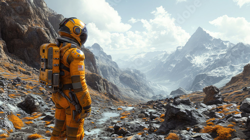 An astronaut in a yellow suit exploring a rocky mountainous terrain on an alien planet. Perfect for themes of adventure and space exploration.