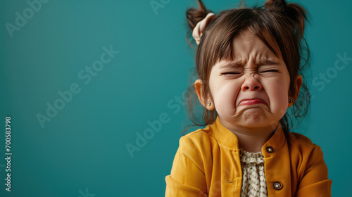 Portrait of sad offended crying little girl child on flat blue color background with copy space, banner template. A sad child makes a grimace. photo