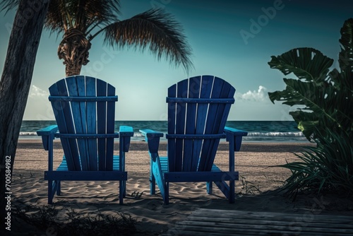 Sunbeds on the beach. Blue sea and white sand. Generative Ai