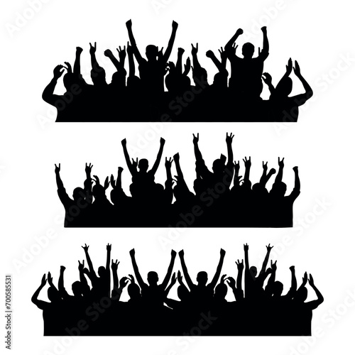 Collection of silhouettes of people raising hands, crowd watching music