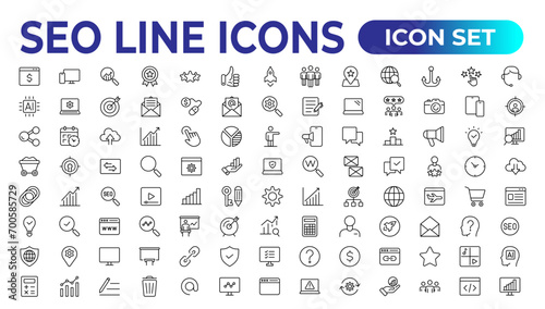 Seo icon set. Search Engine Optimization icon collection. Containing business and marketing, traffic, ranking, optimization, link and keyword. Solid icons vector collection.