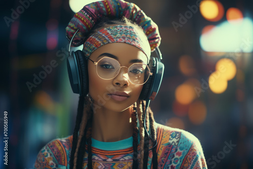 Chica hermosa de piel morena y etnia africana con trenzas y auriculares. photo