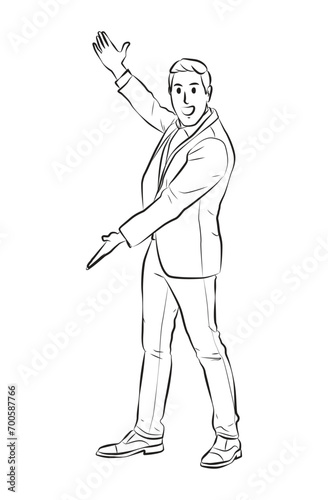 Fototapeta Naklejka Na Ścianę i Meble -  full length cheerful man presenting pose cartoon illustration