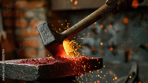 Close-up of blacksmith heavy hammer striking red hot piece of iron on an anvil. Blacksmithing, handwork, metal products.