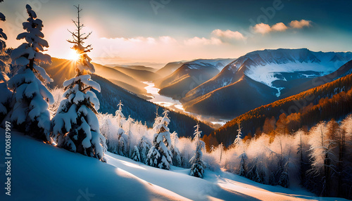 Mountain wildlife in winter with views of mountains, valley and river, beautiful nature wallpaper,
