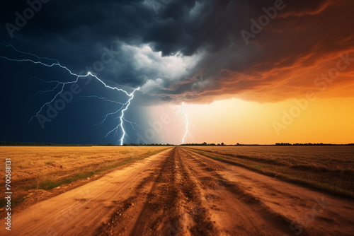 Lightning in the sky over a field and a dirt road. Summer thunderstorm with lightning strikes and dramatic clouds over a field
