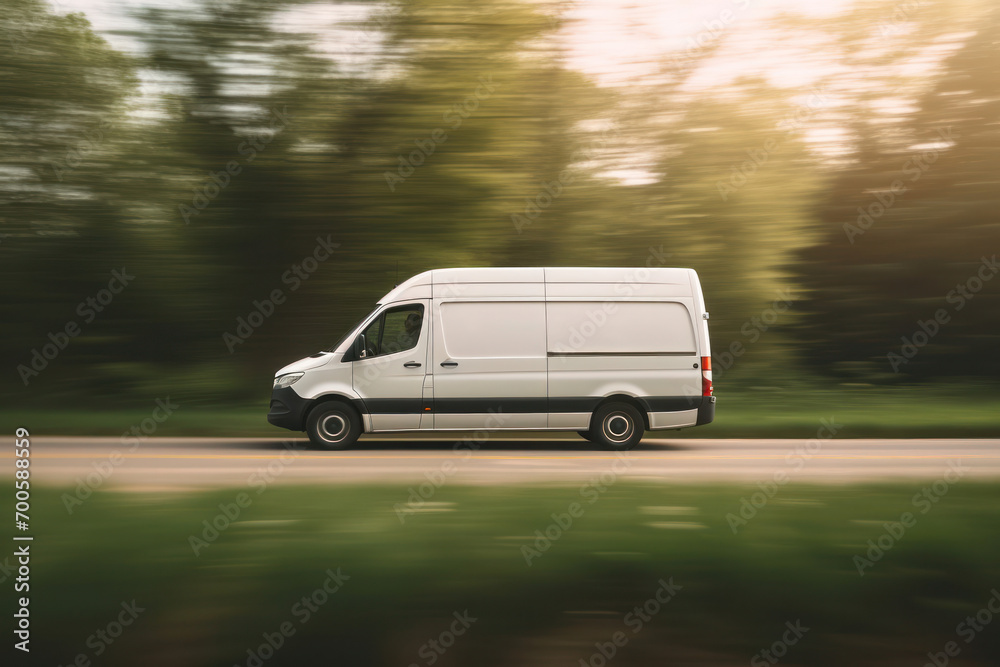 Delivery in Motion: A White Van Speeding Through a Verdant Landscape.