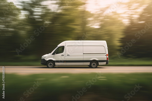 Delivery in Motion: A White Van Speeding Through a Verdant Landscape.
