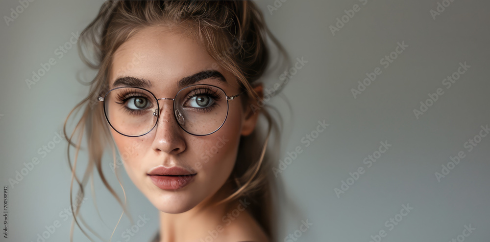 Close-up portrait of the face of a young beautiful woman wearing clear glasses. Vision correction, glasses selection, lenses and stylish frame, comfortable glasses for myopia, copy space on grey