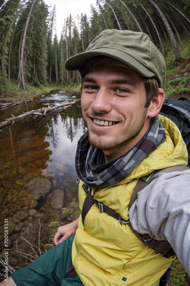 Selfie photo of a guy having fun in nature walk in beautiful scenery taking in fresh air and loving life to fullest and learning Selfie photo of a guy having fun in nature walk in beautiful scenery taking in fresh air and loving life to fullest and learning