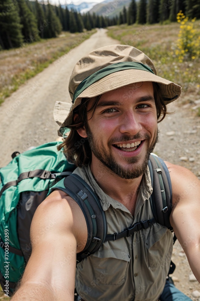 Selfie photo of a guy having fun in nature walk in beautiful scenery taking in fresh air and loving life to fullest and learning Selfie photo of a guy having fun in nature walk in beautiful scenery taking in fresh air and loving life to fullest and learning
