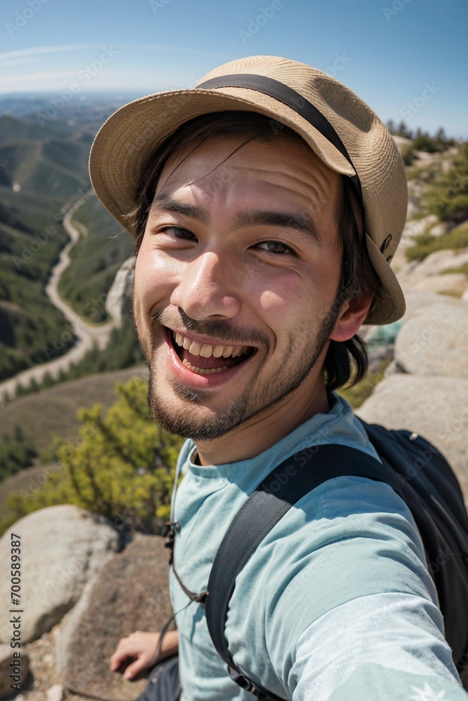 Selfie photo of a guy having fun in nature walk in beautiful scenery taking in fresh air and loving life to fullest and learning Selfie photo of a guy having fun in nature walk in beautiful scenery taking in fresh air and loving life to fullest and learning