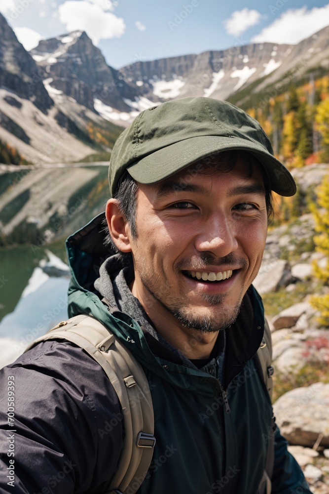 Selfie photo of a guy having fun in nature walk in beautiful scenery taking in fresh air and loving life to fullest and learning Selfie photo of a guy having fun in nature walk in beautiful scenery taking in fresh air and loving life to fullest and learning