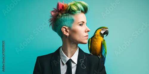 Schöne Frau mit bunten Haaren und Papagei auf den Schultern als Porträt, ai generativ photo