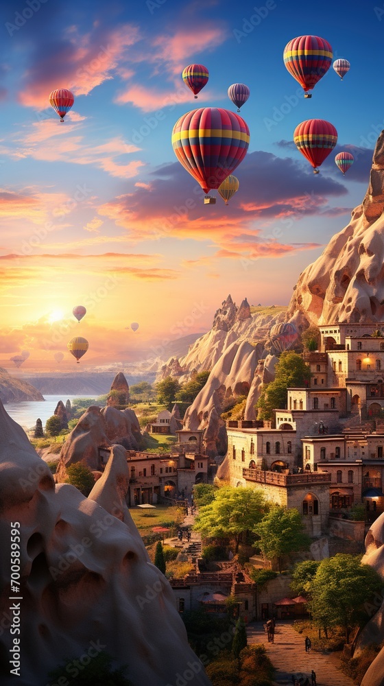 Beautiful Nature 8k wallpaper. Nature landscape of air baloons and mountains
