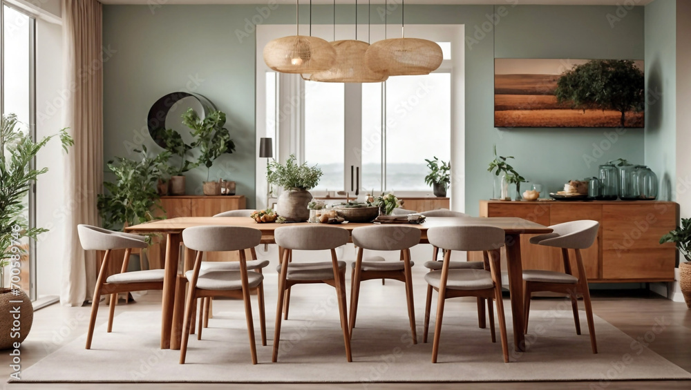 Fototapeta premium home interior design, Dining room with table and wooden chairs, Empty living room with wall, Panorama,