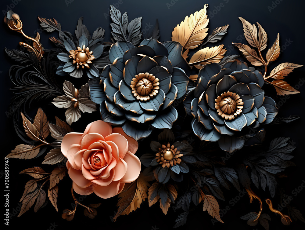 bouquet of dark and pink roses on black pattern wallpaper