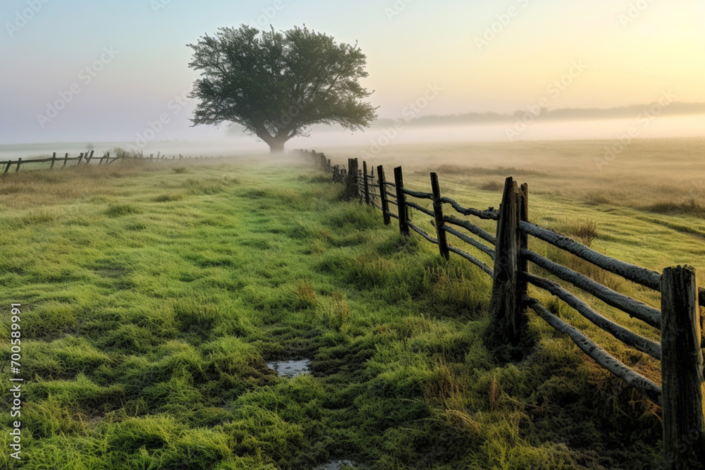 Scenic calm foggy morning in the countryside with weak sunlight