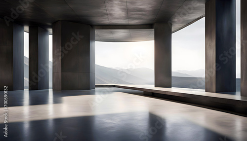 3D rendering of abstract futuristic glass concrete architecture with empty open air concrete floor  product display podium 