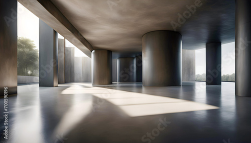 3D rendering of abstract futuristic glass concrete architecture with empty open air concrete floor  product display podium 