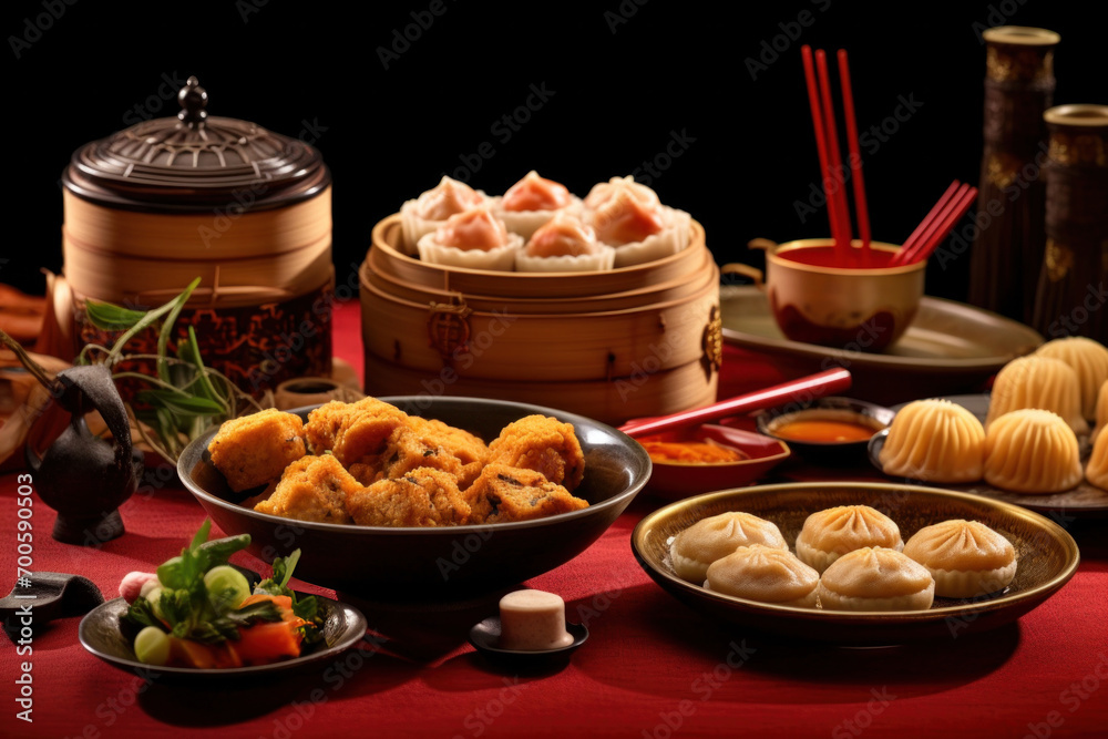 Accessories of Traditional Chinese lunar New Year dinner table, menu background with pork, fried fish, chicken, rice balls, dumplings, fortune cookie, nian gao cake, noodles, chinese decorations. Accessories of Traditional Chinese lunar New Year dinner table, menu background with pork, fried fish, chicken, rice balls, dumplings, fortune cookie, nian gao cake, noodles, chinese decorations.