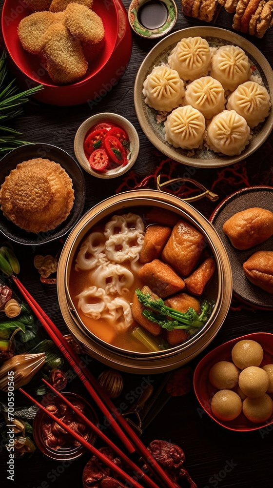 Accessories of Traditional Chinese lunar New Year dinner table, menu background with pork, fried fish, chicken, rice balls, dumplings, fortune cookie, nian gao cake, noodles, chinese decorations. Accessories of Traditional Chinese lunar New Year dinner table, menu background with pork, fried fish, chicken, rice balls, dumplings, fortune cookie, nian gao cake, noodles, chinese decorations.