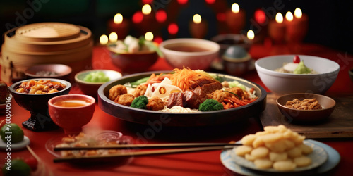 Accessories of Traditional Chinese lunar New Year dinner table  menu background with pork  fried fish  chicken  rice balls  dumplings  fortune cookie  nian gao cake  noodles  chinese decorations.
