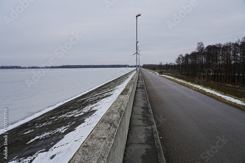 Walkway with lamps on barrage at European Goczalkowice reservoir in Silesian district in Poland