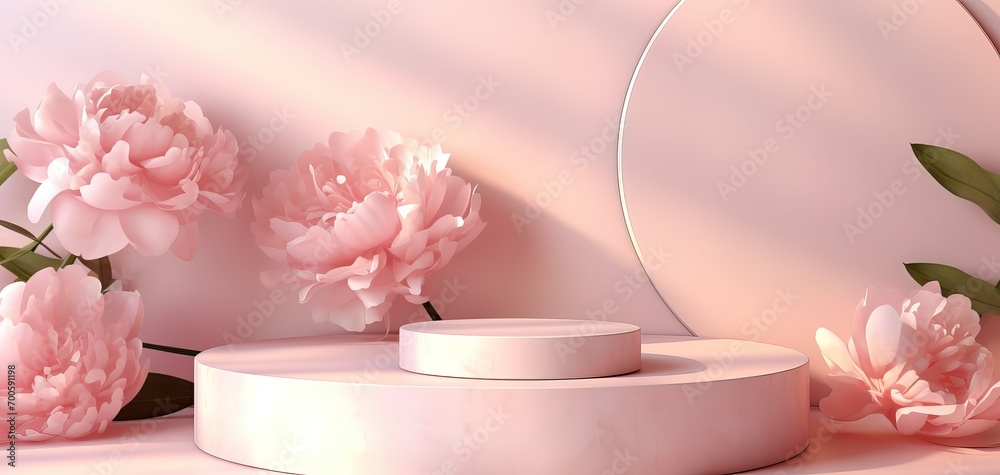 Podium with Flower. flower. 3D podium display, pastel pink background with Peonies flower and palm leaf shadow. Minimal pedestal for beauty, cosmetic product. Holiday, feminine copy space template Podium with Flower. flower. 3D podium display, pastel pink background with Peonies flower and palm leaf shadow. Minimal pedestal for beauty, cosmetic product. Holiday, feminine copy space template