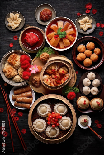 Accessories of Traditional Chinese lunar New Year dinner table, menu background with pork, fried fish, chicken, rice balls, dumplings, fortune cookie, nian gao cake, noodles, chinese decorations.