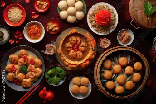 Accessories of Traditional Chinese lunar New Year dinner table, menu background with pork, fried fish, chicken, rice balls, dumplings, fortune cookie, nian gao cake, noodles, chinese decorations. photo