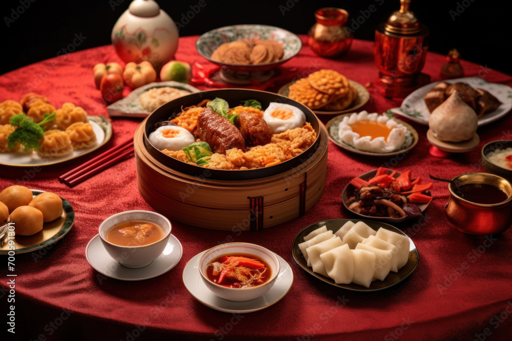 Accessories of Traditional Chinese lunar New Year dinner table, menu background with pork, fried fish, chicken, rice balls, dumplings, fortune cookie, nian gao cake, noodles, chinese decorations.