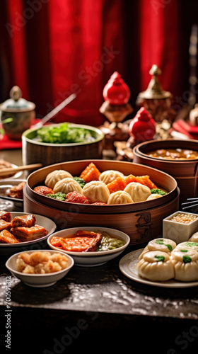 Accessories of Traditional Chinese lunar New Year dinner table, menu background with pork, fried fish, chicken, rice balls, dumplings, fortune cookie, nian gao cake, noodles, chinese decorations.