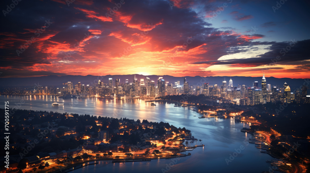 Aerial view of a city skyline with skyscrapers at sunset featuring dramatic clouds and waterfront reflections.