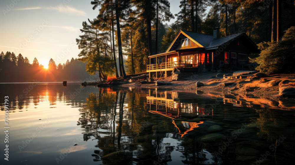 Fototapeta premium Peaceful cabin by the lake at sunset with stunning reflections and tranquil scenery, perfect for a serene getaway.