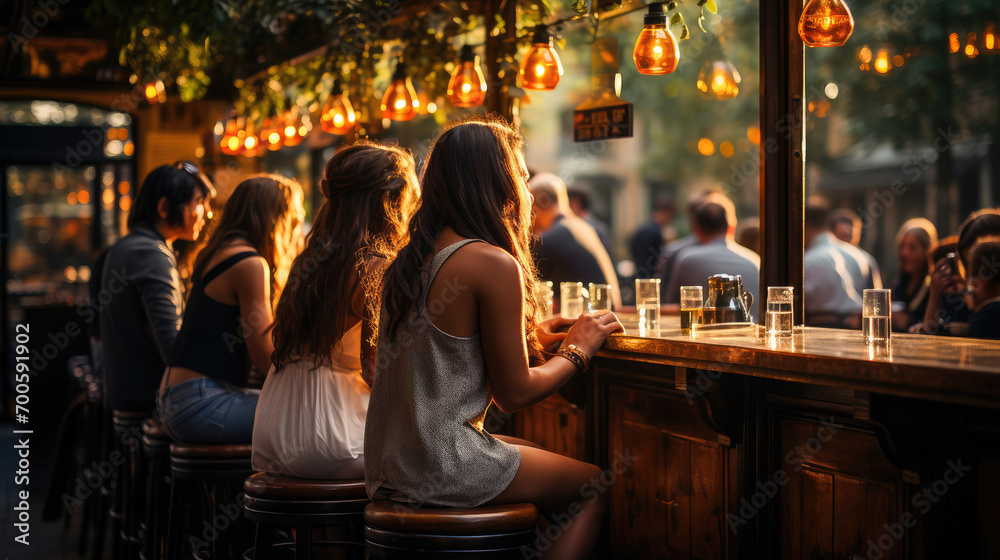 Warmly lit bar scene with people socializing and enjoying drinks in a casual evening setting.