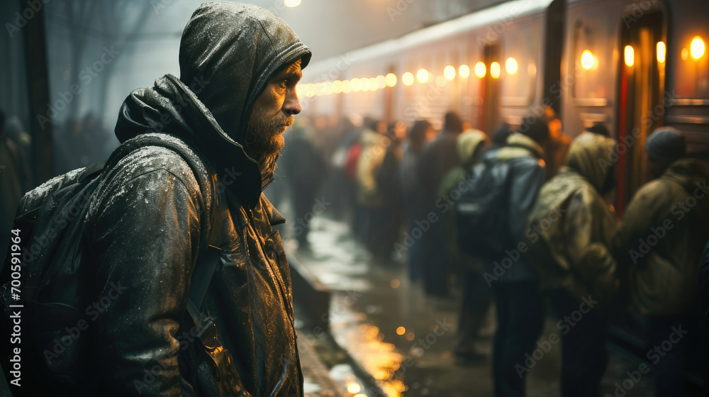 Hooded man at a train station on a cold evening surrounded by the hustle of commuters.