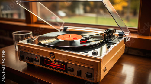 A classic vinyl record player with a spinning record, capturing the essence of vintage audio technology in a cozy home setting.