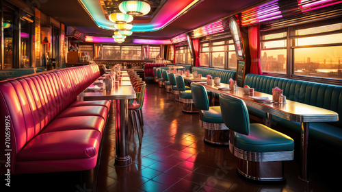 Colorful retro diner interior with neon lights, cozy booths, and a nostalgic vintage American restaurant theme.