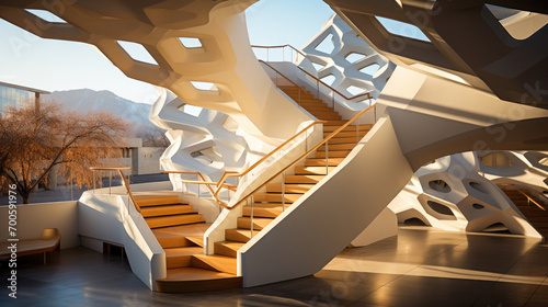 Elegant and modern interior architecture featuring a futuristic staircase with geometric shapes and natural light.