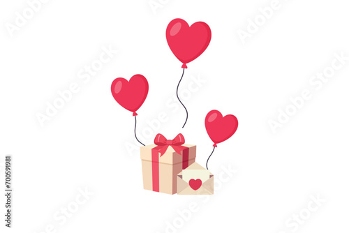 Happy Valentine's day background with envelopes, gift boxes, heart shape balloons, copy space text, vector illustration