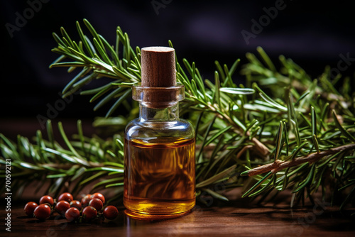 Alternative medicine. Brown bottle and green сoniferous tree branch