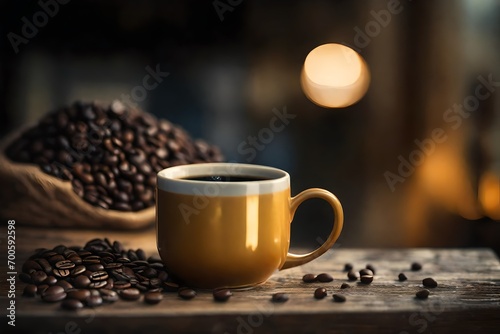 yellow coffee cup on a wooden surface with strong bokeh background , warmth and cozy ,coffee branding presentation template , golden tones