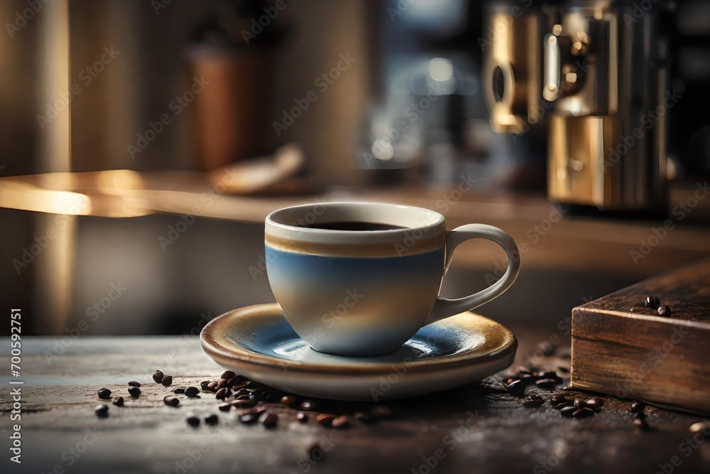 beige coffee cup on a wooden surface with strong bokeh background , warmth and cozy ,coffee branding presentation template , golden tones beige coffee cup on a wooden surface with strong bokeh background , warmth and cozy ,coffee branding presentation template , golden tones
