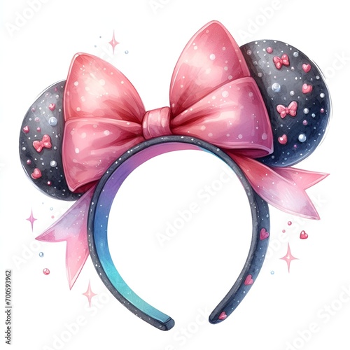 watercolor headband with mouse ears and bow isolated on white background