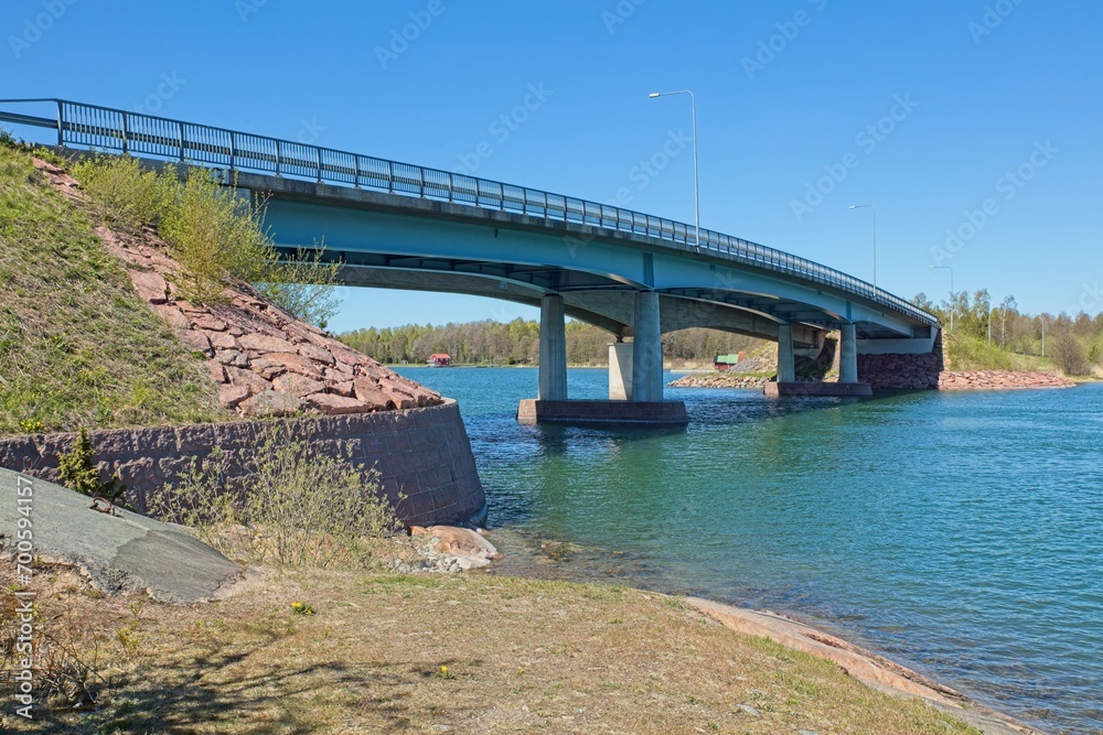 Fototapeta premium Conrete bridge between Eckerö ja Hammarland in spring, Ahvenanmaa, Finland.